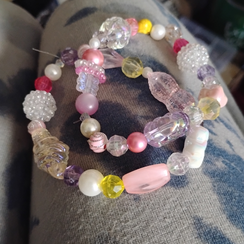 Pastel Pink & Multicolor Beaded FunkJunk Stretch Bracelet:Spring/Summer 🌞